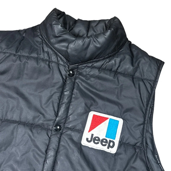 Vintage 70s Jeep Logo Nylon Puffer Black Snap Button Vest Jacket Mens Large - Picture 3 of 16